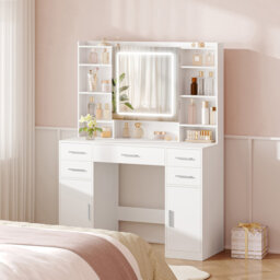 108 cm Dressing Table with Mirror, Vanity Desk, Adjustable 3-Colour LED Lights, Makeup Desk with Hidden Shelves, 5 Drawers, 2 Cabinets and 9 Open Shel