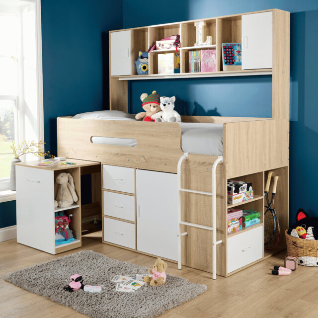 Marsden White Single Mid Sleeper Cabin Bed with Storage Drawers Shelving Unit and Hidden Desk