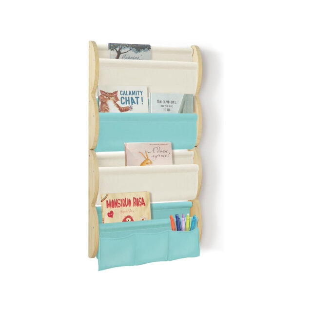 4 Tier Wall Mounted Children's Bookcase with 3 Bottom Pockets, Display Floating Book Shelf 81 x 43 x 8cm (Blue)