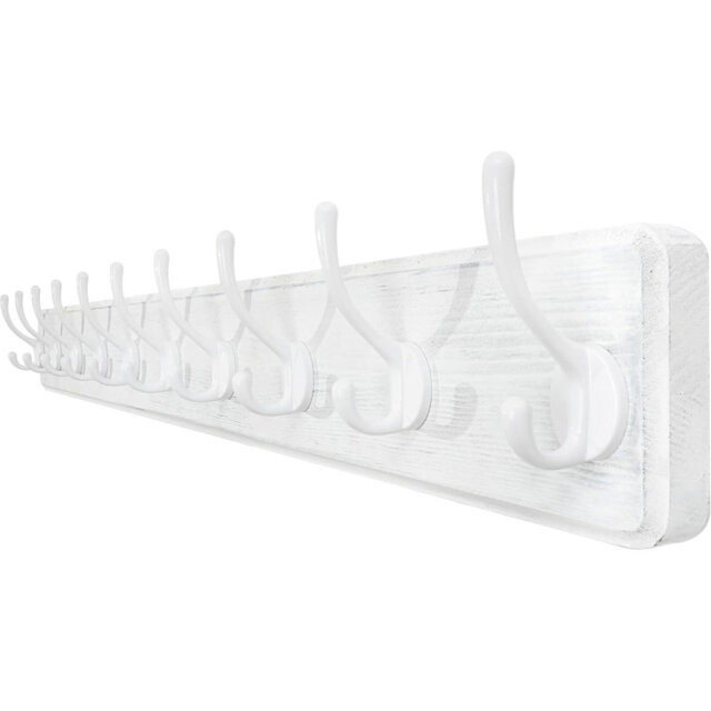 "38"" White Wood Wall Mounted Coat Rack - 10 Hooks (16"" Hole to Hole) for Coats/Hats"
