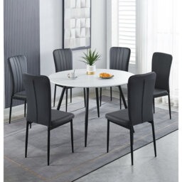 Cullompton Large Round Dining Table 120Cm, Marble Effect Top, With 6 Black Faux Leather High Back Chairs