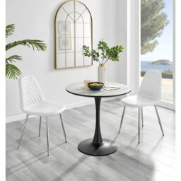 Ellis White Marble Effect Melamine Round Dining Table Set with 2 Luxury Faux Leather Dining Chairs