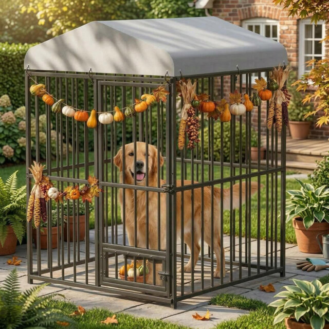 Dog Kennel Outdoor Dog Run, 1.2x1.2x1.8m Heavy-Duty Metal Dog Pen with Waterproof Roof Cover, Secure Anti-Chew Dog Cage for Garden & Outside Use, Idea