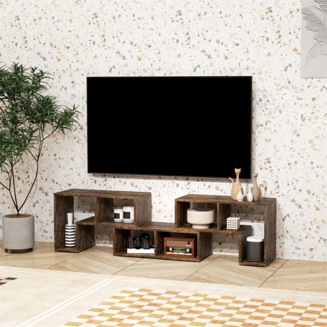 "Extendable TV Stand for 75"" TVs, Rustic Brown Entertainment Center with Storage Shelves"