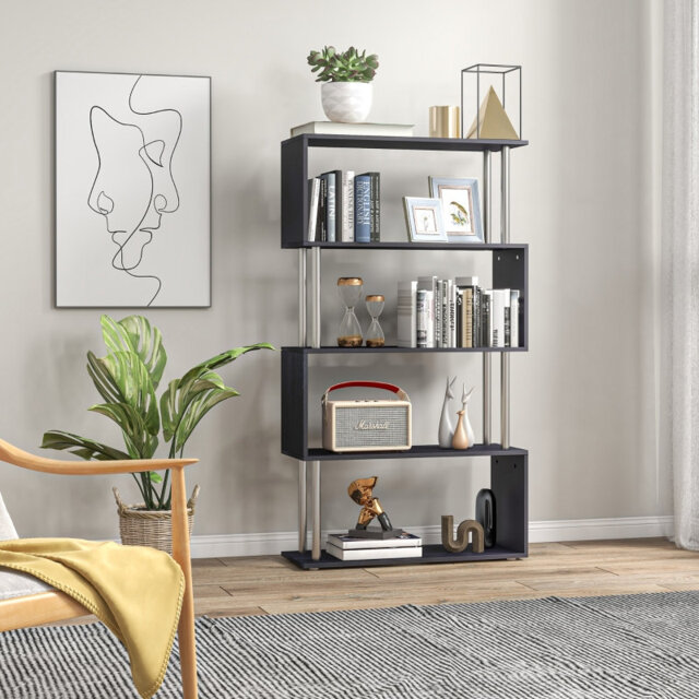 Dividers Storage Display Unit 80*30*145 cm MDF 1 Piece S-Shaped Bookcase Black S-Shaped Design