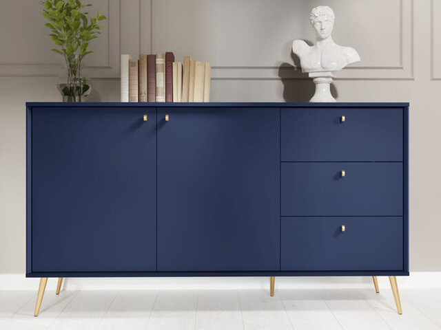 Luxurious Dark Blue Sideboard Cabinet 156cm - Gold Accents & Smooth-Glide Drawers for Modern British Homes