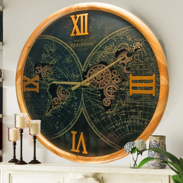 Wall Clock with Real Moving Gears PO-LI_ 24 in Round WOOD-BLACK