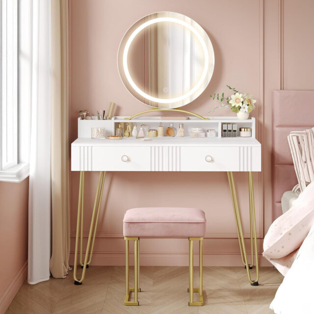 Dressing Table Set with LED Lights Mirror, Adjustable Brightness, Vanity Desk with Pink Stool, Makeup Vanity Table with 2 Drawers, 2 Open Storage Area