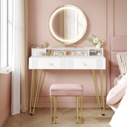 Dressing Table Set with LED Lights Mirror, Adjustable Brightness, Vanity Desk with Pink Stool, Makeup Vanity Table with 2 Drawers, 2 Open Storage Area
