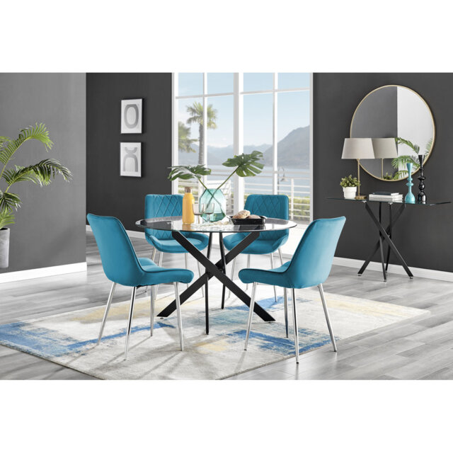 Tierra Modern Chrome Metal & Glass Round Dining Table Set with 4 Luxury Velvet Dining Chairs