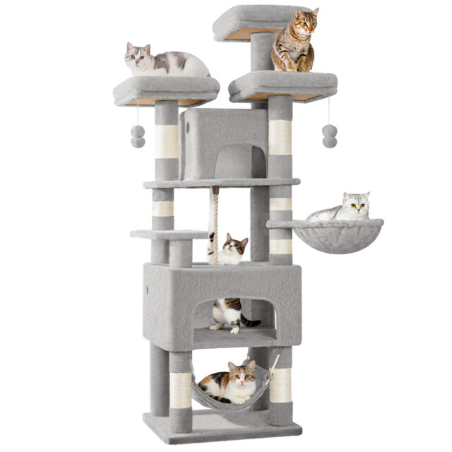 Cat Tree for Indoor Cats, 156cm Large Cat Tower, Multi-layer Scratching Post with 3 Platforms, 2 Caves, 7 Sisal Posts, Hammock, Pompoms, Heavy-Duty fo