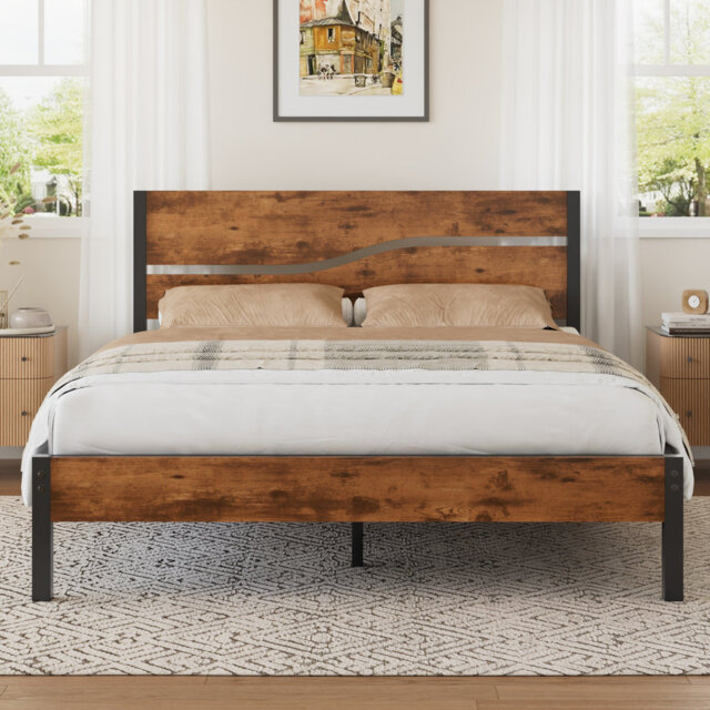 Bed Frame Single Double Size, Metal Platform Bed Frame with Wood Headboard and Footboard, Strong Steel Slats Support, No Box Spring Needed, Easy Assem