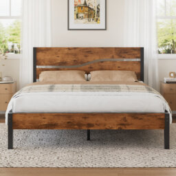 Bed Frame Single Double Size, Metal Platform Bed Frame with Wood Headboard and Footboard, Strong Steel Slats Support, No Box Spring Needed, Easy Assem