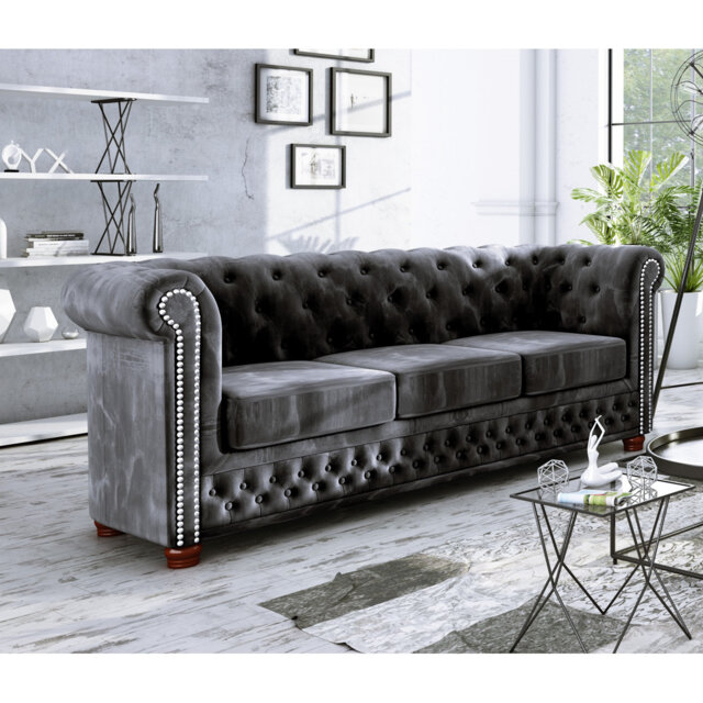 Chesterfield Sofa 3 Seater Made of Velvet Fabric with Solid Wood Legs