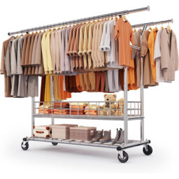 Double Rail Clothes Rack on Wheels, 283kg(625lbs) Capacity, with Mesh Storage Basket & Bottom Shelf