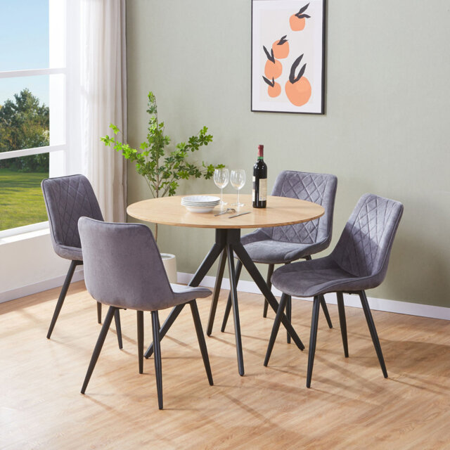 Aspen 5-Piece Casual Dining Set - Large Round Table with 4 Upholstered Diamond Stitch Fabric Chairs