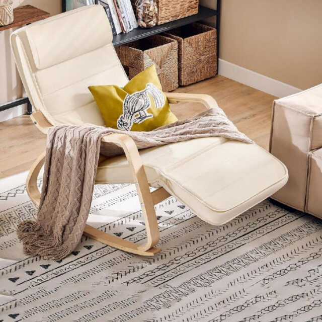 Multi-Season Beige Solid Wood Outdoor Rocking Chair with Poly-Cotton Cushion