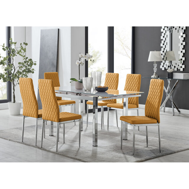 Tierra Modern Glass & Metal Extendable Dining Table Set & 6 Luxury Faux Leather Dining Chairs