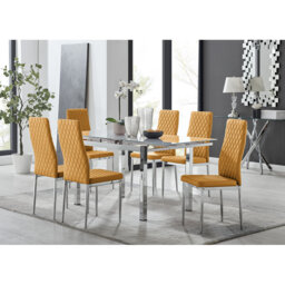 Tierra Modern Glass & Metal Extendable Dining Table Set & 6 Luxury Faux Leather Dining Chairs