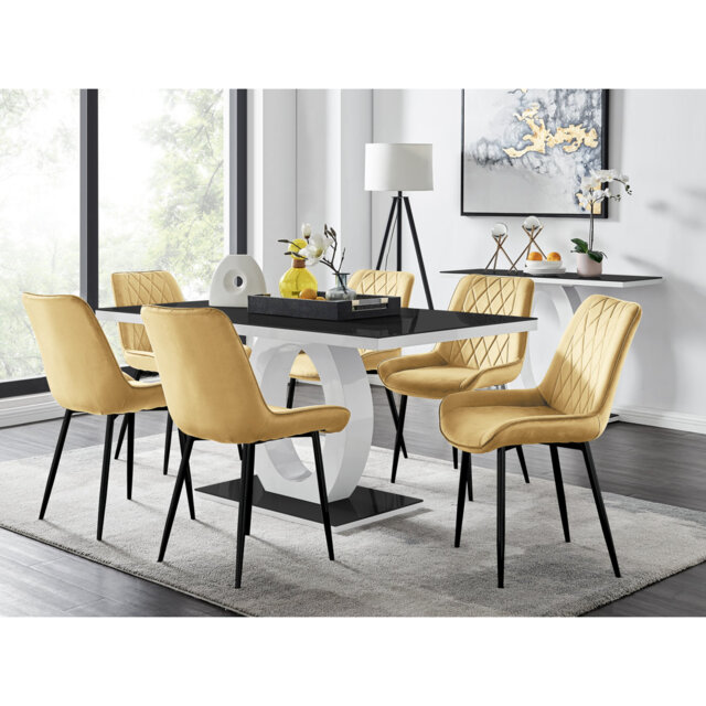 Bekircan Halo Dining Table Set In Modern High Gloss With 6 Luxury Velvet Dining Chairs