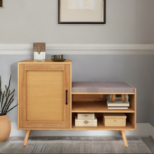 Wooden Shoe Storage Bench With Cushioned Seat and Cabinets