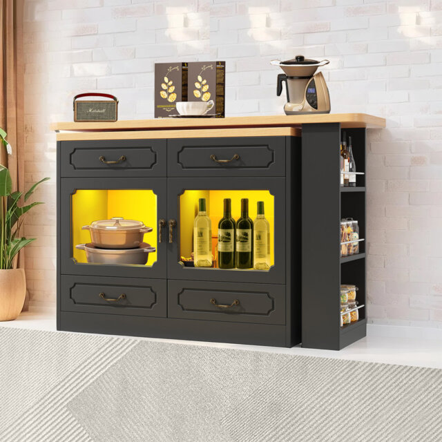 Kitchen Island with Extendable Table,Mobile Coffee Bar with LED Lights, 3-Tier Storage, 4 Drawers & Spice Rack for Kitchen Living Room, Black