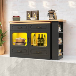 Kitchen Island with Extendable Table,Mobile Coffee Bar with LED Lights, 3-Tier Storage, 4 Drawers & Spice Rack for Kitchen Living Room, Black