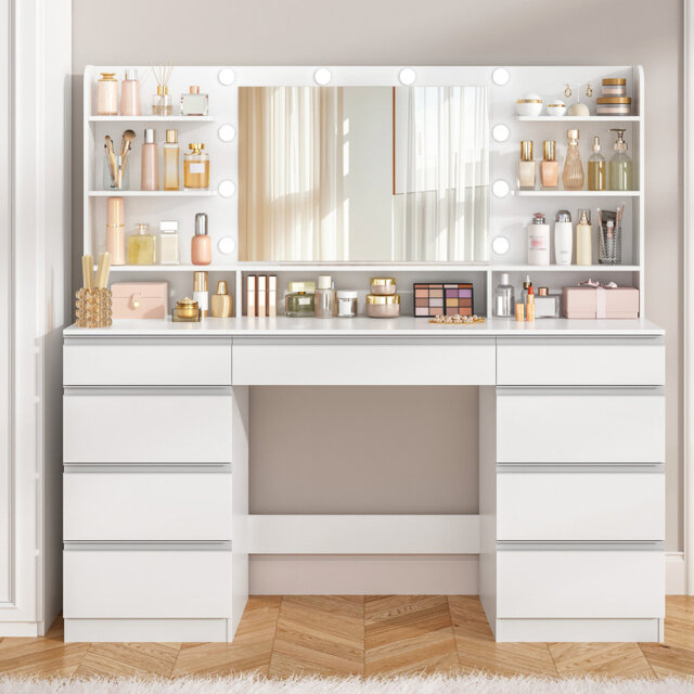 Dressing Table with Bulb Light, Vanity Desk with 1 Large Drawer and 8 Small Drawer Cabinets, Adjustable Brightness, Large HD Mirror, 9 Open Storage Ar