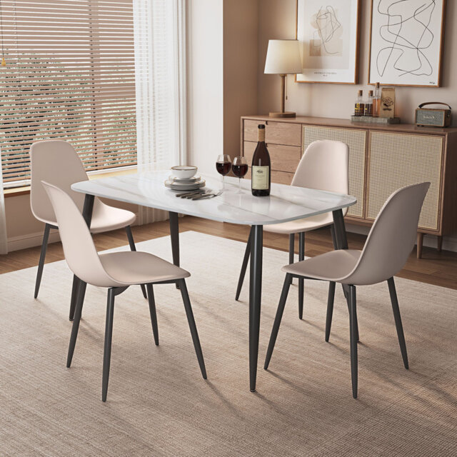 Aspen Gloss White Sintered Stone Rectangular Table and 4 Curve Plastic Chairs - Modern Dining Set