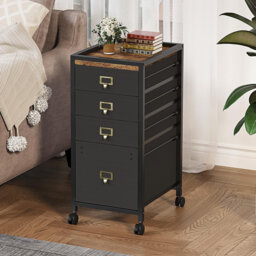 30cm Wide 4-Drawer Mobile File Cabinet, Letter-Size Hanging File Folders, Open Shelf, Steel Frame, Black