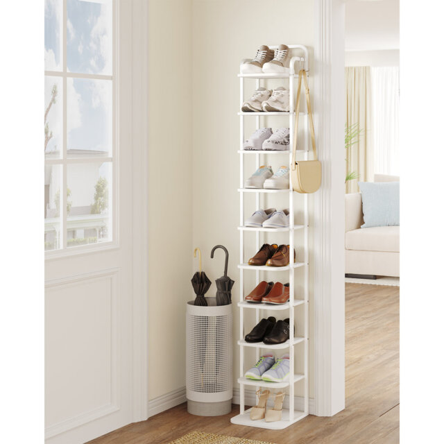 Vertical Shoe Rack, Shoe Shelves, Wood Shoes Organizer for Closet, Entryway.Shoes Tower for Small Spaces, Freestanding, with 2Hooks, Rustic Brown and
