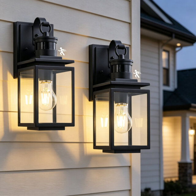 IP44 Waterproof 2‑Pack PIR Motion‑Sensor Exterior Wall Lantern, Black 3‑Mode E27 Security Porch Outdoor Wall Light for Garage, Garden [Energy Class E]