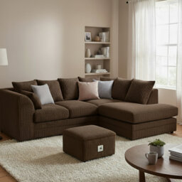 Jumbo Cord Upholstered Corner Sofa Small Back Cushion with Foot Stool