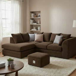 Jumbo Cord Upholstered Corner Sofa Small Back Cushion with Foot Stool