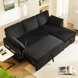 3 Seater Sofa Bed, 2-In-1 Pull-out Sleeper Couch with Storage Chaise and Armrest, Sectional L-Shaped Convertible Sofa Bed with USB & Cup Holder for Ap