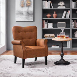 Button-Tufted Wingback Accent Chair - Solid Wood Legs with Rolled Arm