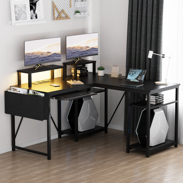 Agathi 60cm W Rectangle L Shaped Computer Desk With Monitor Stand and Cabinet LED Light Gaming Desk With Power Outlet Large Home Office Desk