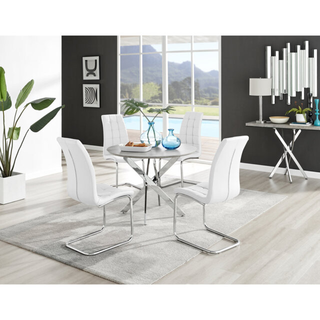 Tierra Modern Chrome Metal & Glass Round Dining Table Set with 4 Modern Faux Leather Chairs