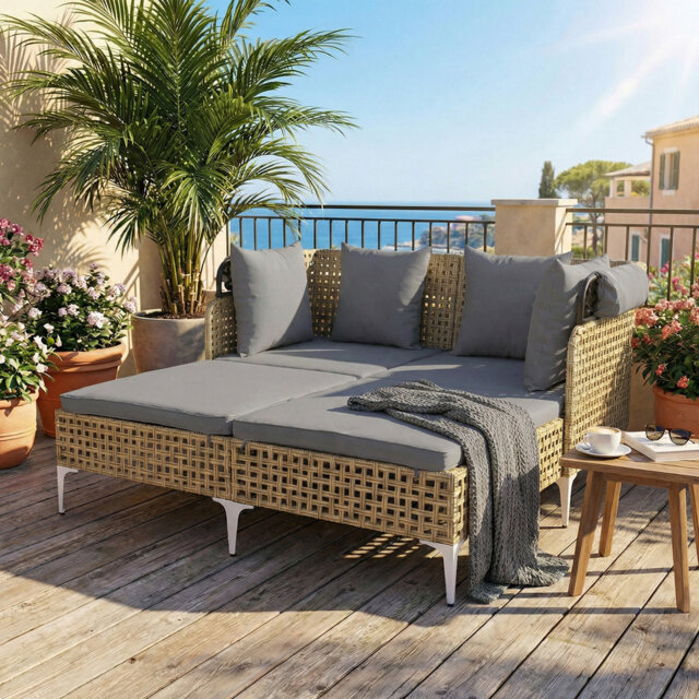 Outdoor Daybed With Retractable Canopy PE Rattan Wicker Double Lounger Bed-Grey