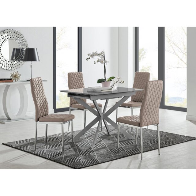 Eubanks Modern High Gloss Extendable Dining Table Set with Luxury Faux Leather Dining Chairs