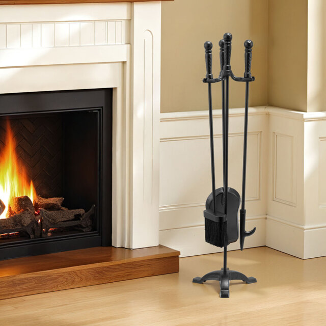 Fireplace Tool Set, 4 PCS Fire Tool Set and Holder with Three-Prong Stand, Ash Shovel, Brush, Fire Place Poker, Wrought Iron Fireplace Accessories for