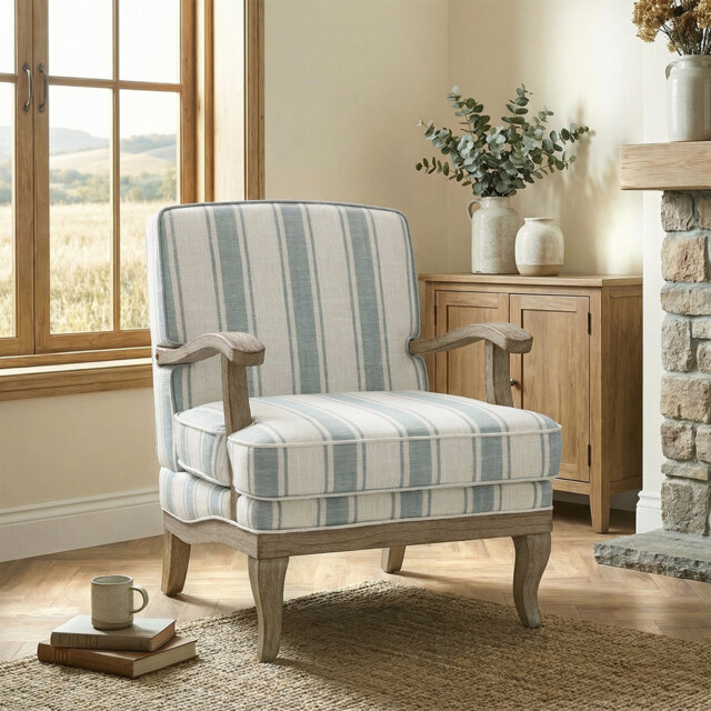 Peppone Country Wooden Upholstered Armchair with Solid Wood Armrests