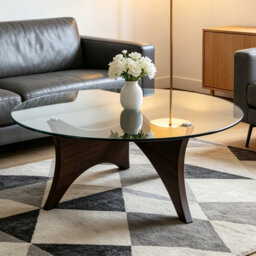 90x90cm Coffee Table Glass Top Solid Wood Legs Abstract Triangle Coffee Table