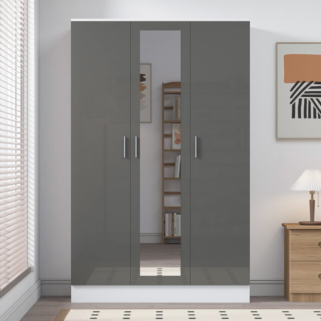 Eva High Gloss Mirrored 3 Door Wardrobe - H: 180cm x D: 47cm x W: 113cm