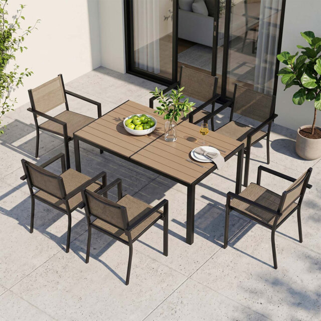 6-person Outdoor Patio Dining Set, Rectangular Metal Table & 6 Stackable Chairs With Armrests
