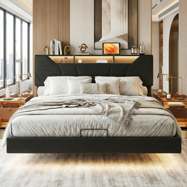 Floating Hydraulic PU Upholstered Ottoman Bed With LED & Charging Station (USB/Type-C), 140X200cm Double / 160X200cm King, Black Faux Leather Smart St