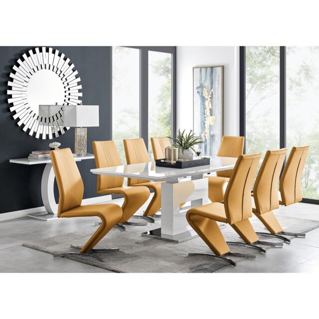 Alezzo Modern High Gloss Extendable Dining Table Set with 8 Modern Design Faux Leather Dining Chairs