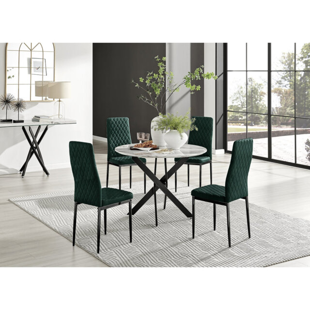 Tierra Modern Chrome Metal & Glass Round Dining Table Set with 4 Quilted Velvet Chairs