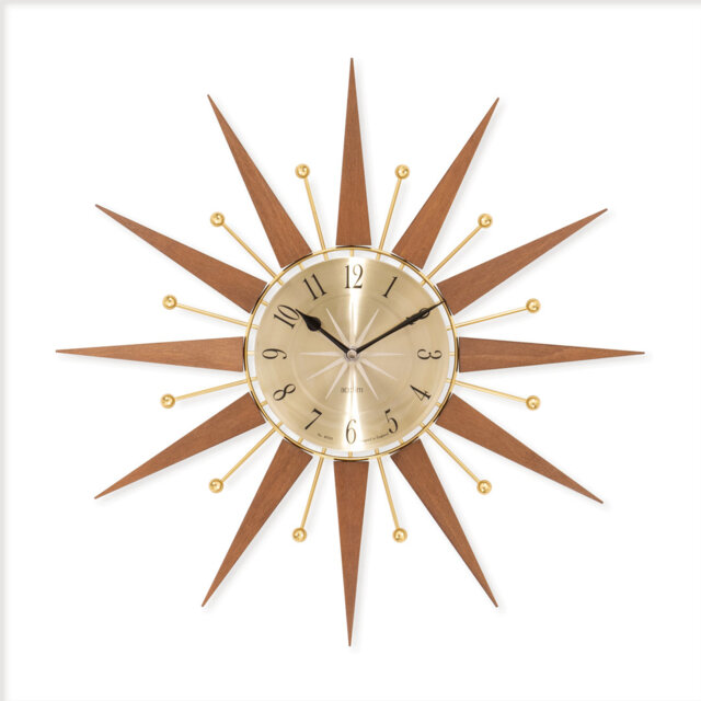 Acctim Wolcott Large Wall Clock Sunburst Quartz Mid-century Metal & Wooden Spoke Dark Wood 50cm