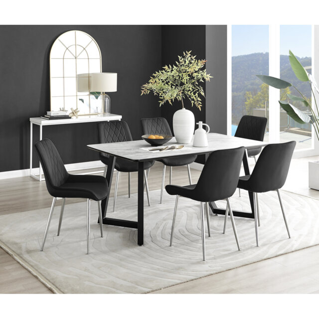 Industrial Design White & Grey Marble Effect Melamine Dining Table Set with 6 Luxury Velvet Chairs